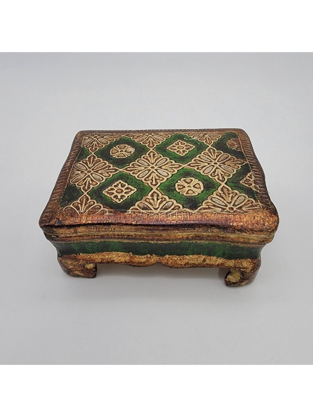 Vintage Italian Florentine Gilded Gesso Trinket Box Green & Gold